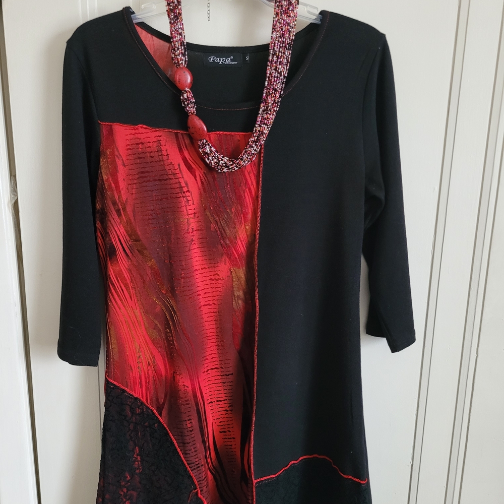 Elegant Black and Red Long Sleeve Top by Papa